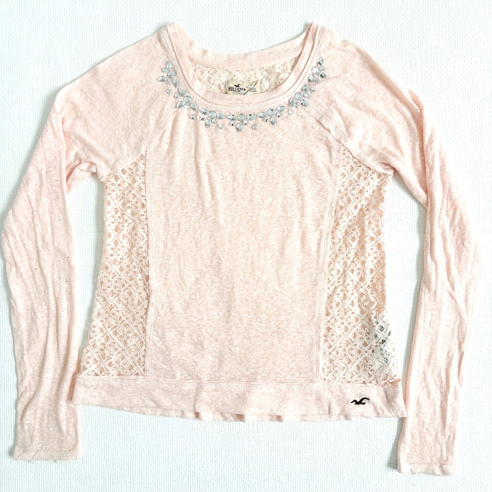 Hollister Long Sleeve Lace Back Rhinestone Neck Top Small Pink